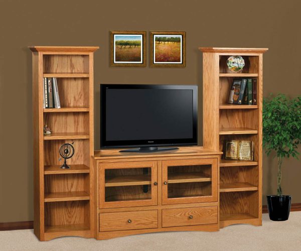 Flat Wall TV Stand with Twin Tower Bookcases
